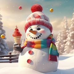 Cute happy snowman image with ice cream, knitted scarf and winter cap, cartoon winter landscape