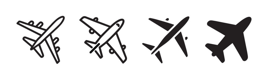 Obraz premium Collection of airplane silhouettes in different styles and angles. Vector icons for travel, transport, aviation, and flight themes. Design elements for logo, banner, poster, and web.