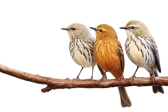 Image of group of buff-breasted babbler birds on a branch on a white background. Birds. Animals. Illustration, Generative AI.