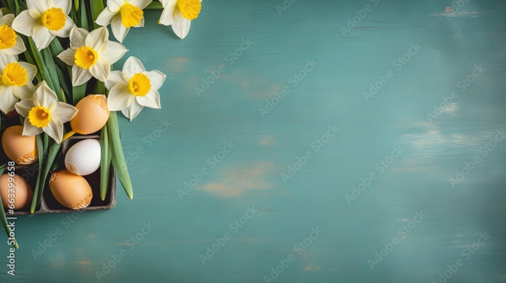 Poster a bunch of eggs and daffodils in a tray. generative ai
