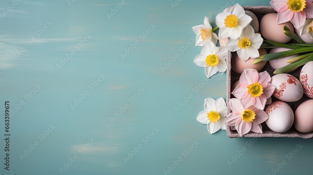 Poster a box filled with eggs and daffodils on a blue surface. generative ai