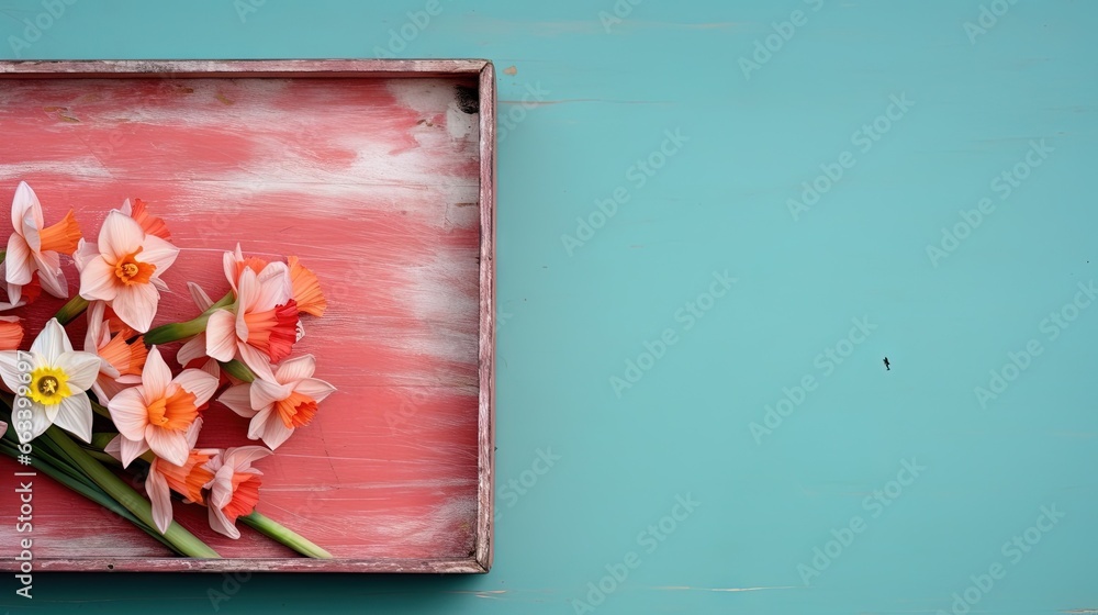 Poster a bunch of flowers that are in a box on a table. generative ai