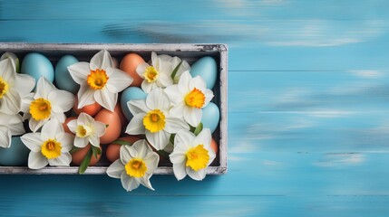  a box filled with eggs and daffodils on top of a blue table.  generative ai