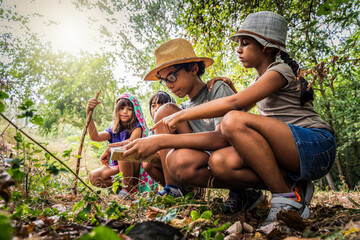 Multiethnic group of curious happy school kids in casual clothes exploring nature and forest...