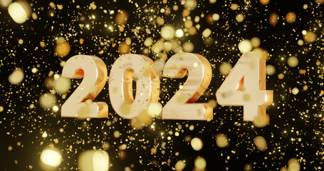 2024 Happy New Year festive with golden numbers 2024 and sparkling confetti lights.