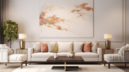 Luxury living room interior. Beige walls, modern lounge set and abstract art on background