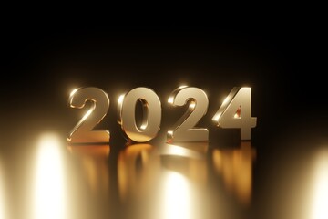 2024 Happy New Year with golden numbers 2024 and sparkling lights. 3D illustration.