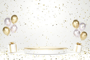 Gold confetti with award podium on white studio background. 3D illustration rendered.