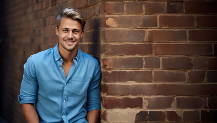 Obraz premium blond-haired man with brown eyes and a light blue shirt, leaning against a brick wall. Copy space