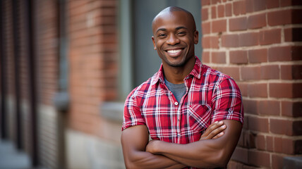 Obraz premium African-American man in a red and white checkered shirt, leaning against a brick wall