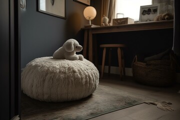 a comfortable corner with a woolly mat and a plush seat. Generative AI - obrazy, fototapety, plakaty
