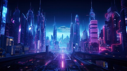 Fototapeta na wymiar A futuristic, cyberpunk inspired cityscape at night.