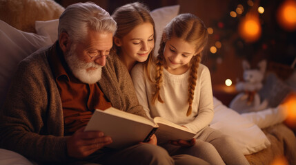 Grandparents reading bedtime stories to grandkids - obrazy, fototapety, plakaty