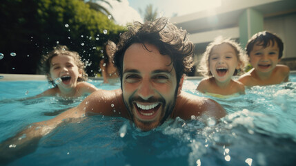 Aunts,  uncles,  and kids swimming and splashing in a pool - obrazy, fototapety, plakaty