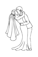 groom kisses the bride bending over, the bride's veil hangs down - linear vector illustration of the bride and groom kissing