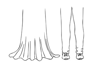 lower part of the hem of a woman's long fluffy dress and men's legs in shoes standing next to each other - a linear vector illustration of the legs of the bride and groom
