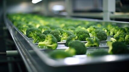 Broccoli, Production of broccoli on conveyor belt in factory, Concept with automated food...