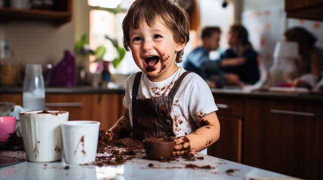 Excited little kid with chocolate stained mouth enjoys in the kitchen