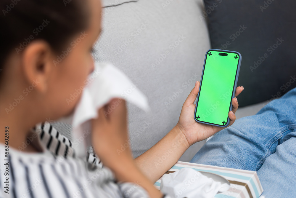 Poster sick woman communicates with doctor using mobile phone with chromakey screen side view lady with run