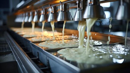 Cooking Milk in Stainless Steel Tank for Cheese in factory Food Industry. - obrazy, fototapety, plakaty