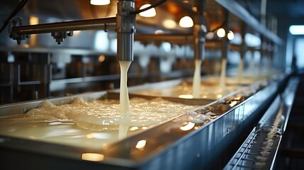 Cooking Milk in Stainless Steel Tank for Cheese in factory Food Industry. - obrazy, fototapety, plakaty