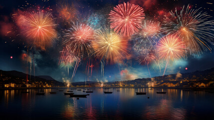 Fototapeta premium new year vibrant fireworks in the night sky