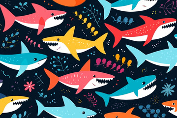 Sharks quirky doodle pattern, wallpaper, background, cartoon, vector, whimsical Illustration