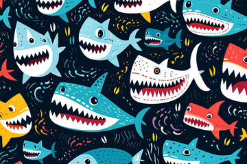 Sharks quirky doodle pattern, wallpaper, background, cartoon, vector, whimsical Illustration