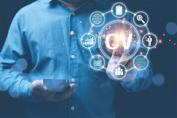 The human resources system digital and online. Interview, recruitment concept. The human resource manager is recruiting employees. Checks the CV online to choose the perfect employee for his business.