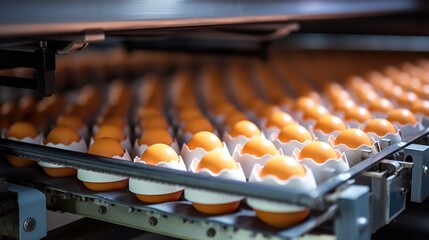 Eggs, Production of eggs on conveyor belt in factory, Concept with automated food production.