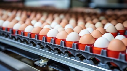 Eggs, Production of eggs on conveyor belt in factory, Concept with automated food production.