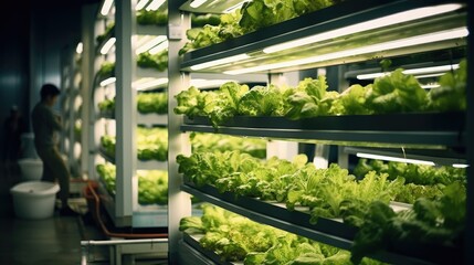 Leafy vegetables growing in hydroponic greenhouse, Vertical farming is sustainable agriculture for future food. - Powered by Adobe