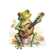 Obraz premium Watercolor green frog playing a tiny musical instrument on white background.