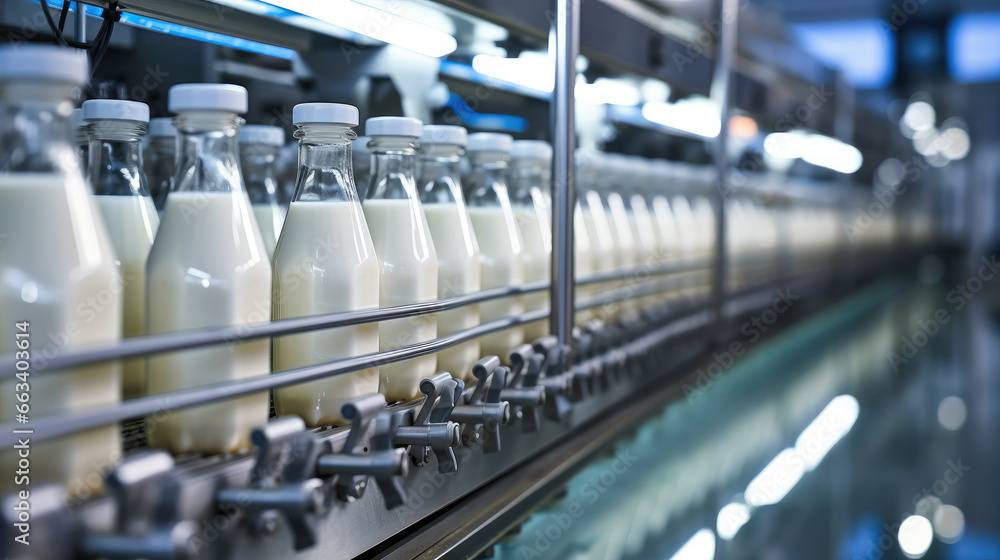 Poster filling milk or yoghurt in to plastic bottles on conveyor belt in factory, concept with automated fo