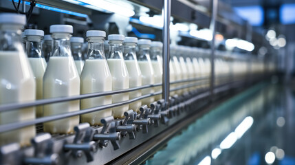 Filling milk or yoghurt in to plastic bottles on conveyor belt in factory, Concept with automated food production. - obrazy, fototapety, plakaty