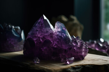 Amethyst crystals on the rocks - Generative AI	