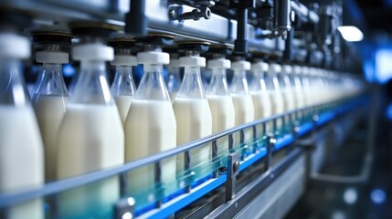 Filling milk or yoghurt in to plastic bottles on conveyor belt in factory, Concept with automated food production. - obrazy, fototapety, plakaty