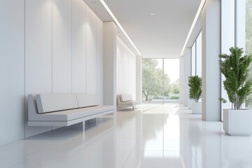 Interior design of a modern luxurious white building corridor or hallway with waiting seat.