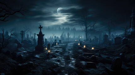 Fog creeps around old tombstones in eerie graveyard, photorealistic