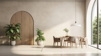 Modern interior design dining room, with beige walls and furniture render