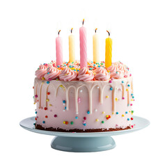 Tarta de cumpleaños colorida,divertida y elegante sobre fondo transparente.