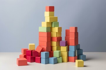 Stack of multicolored building blocks on plain backdrop. Generative AI