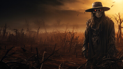Eerie scarecrow guards barren cornfield - obrazy, fototapety, plakaty