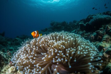 Naklejka na ściany i meble Beautiful reef in South Pacific with vibrant clownfish hiding among anemones on tropical coral reef. Generative AI