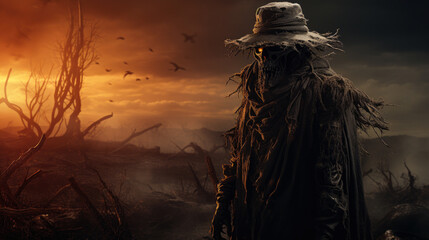 Creepy scarecrow overseeing barren cornfield - obrazy, fototapety, plakaty