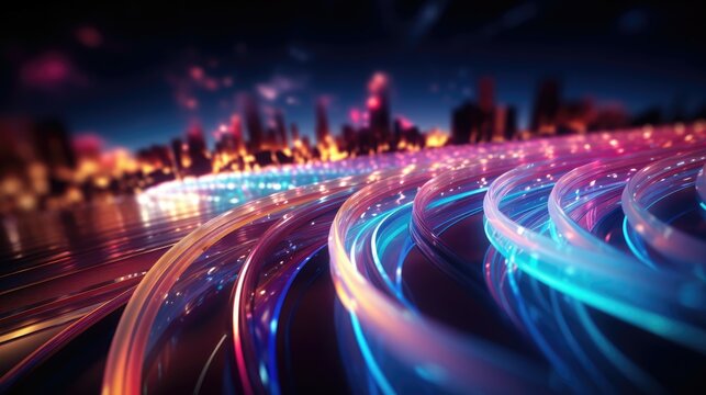 Abstract swirls of information travel through optical fiber, data superhighway, digital communication.