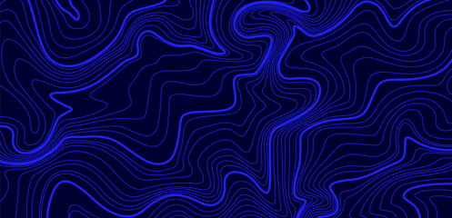 Topographic map texture. Blue radar. Abstract linear background. Vector print of waves. Blue lines on black background.