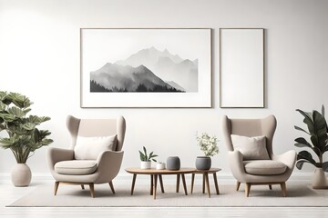A Glimpse into a Modern Scandinavian Living Room with Two Armchairs and a Striking Poster in a White-Walled Setting.