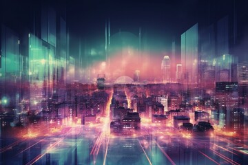 Blurred luminescent city in virtual world. Generative AI