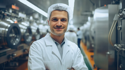 Male technologist doing quality control at a food factory. - obrazy, fototapety, plakaty